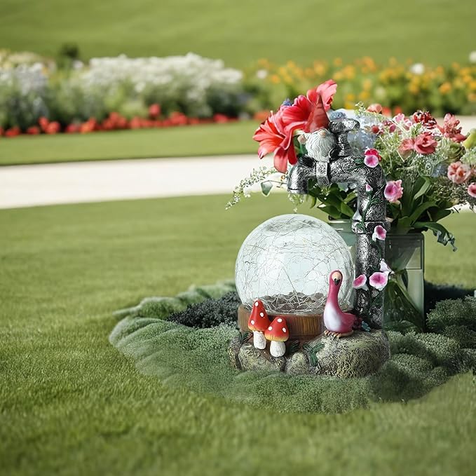 Solar Garden Outdoor Decor Dwarf Statue with Crackle Globe, Outside - Outdoor Decorations for Patio Yard Lawn Walkway Ornaments Clearance Ideal Gifts for Mom Grandma Birthday
