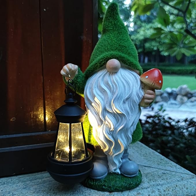 Solar Gnomes Garden Statues,Resin Gnome Figurine Holding Mushroom and Solar Lights Lantern,Outdoor Yard Art Decorations for Garden Patio Lawn