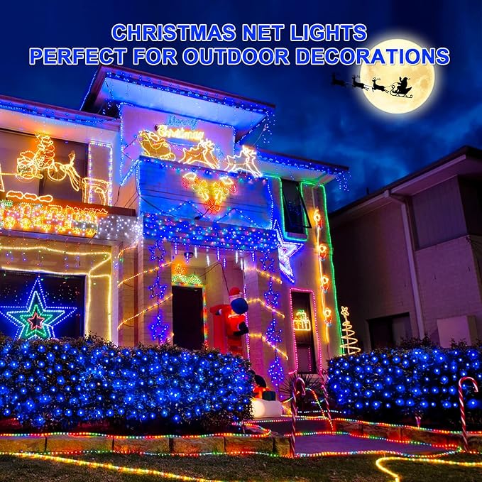 JMEXSUSS 360 LED Blue Net Lights Outdoor, Connectable 12ft x 5ft Christmas Net Lights Plug in with Remote, 8 Modes Waterproof Christmas Mesh String Lights for Bushes Christmas Decorations