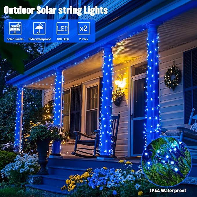 JMEXSUSS 2 Pack Blue Solar Christmas Lights: 100 LED 33ft Blue Solar Lights Outdoor, 8 Modes Solar String Lights for Outside Christmas Tree Gardens Party