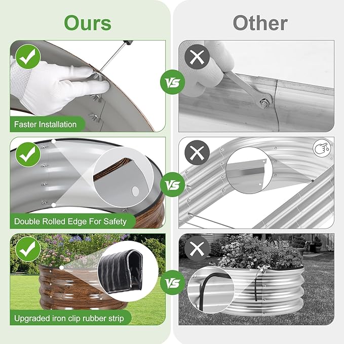 Galvanized Raised Garden Bed- 2Pcs 2x2x1FT Metal Planter Boxes Outdoor | Round Steel Raised Bed Kit & Fire Pit Ring for Gardening with Protective Tape, Gloves for Vegetables (Wood Grain)