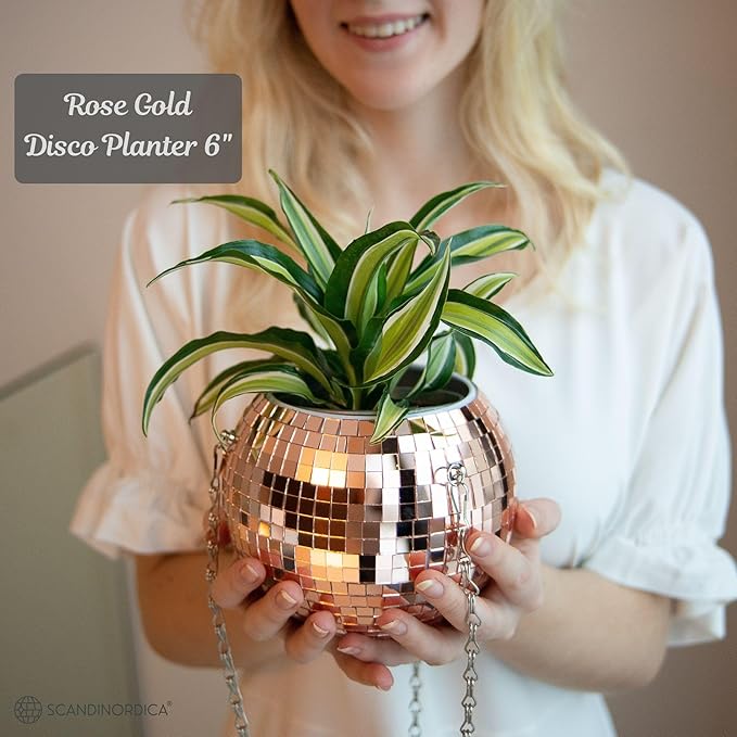 SCANDINORDICA Disco Ball Planter – Value Package: Mirror Disco Planter with Chain, Macrame Hanger and Acrylic Stand for Desk, Includes Self Watering Insert, Quirky Gifts | 6 inch Rose Gold