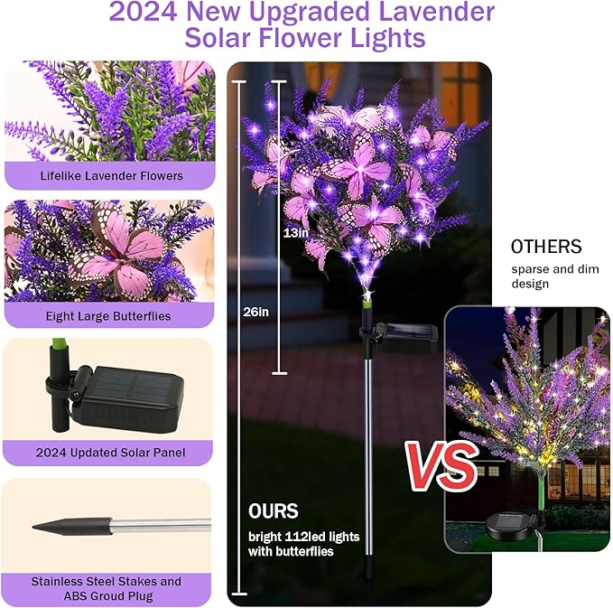 Kohlrabi Solar Garden Lights Outdoor, 6 Pack Solar Butterfly Lights Purple Lavender Gardening Gifts for Women, Purple Artificial Flower with Butterfly Garden Decor for Lawn Patio