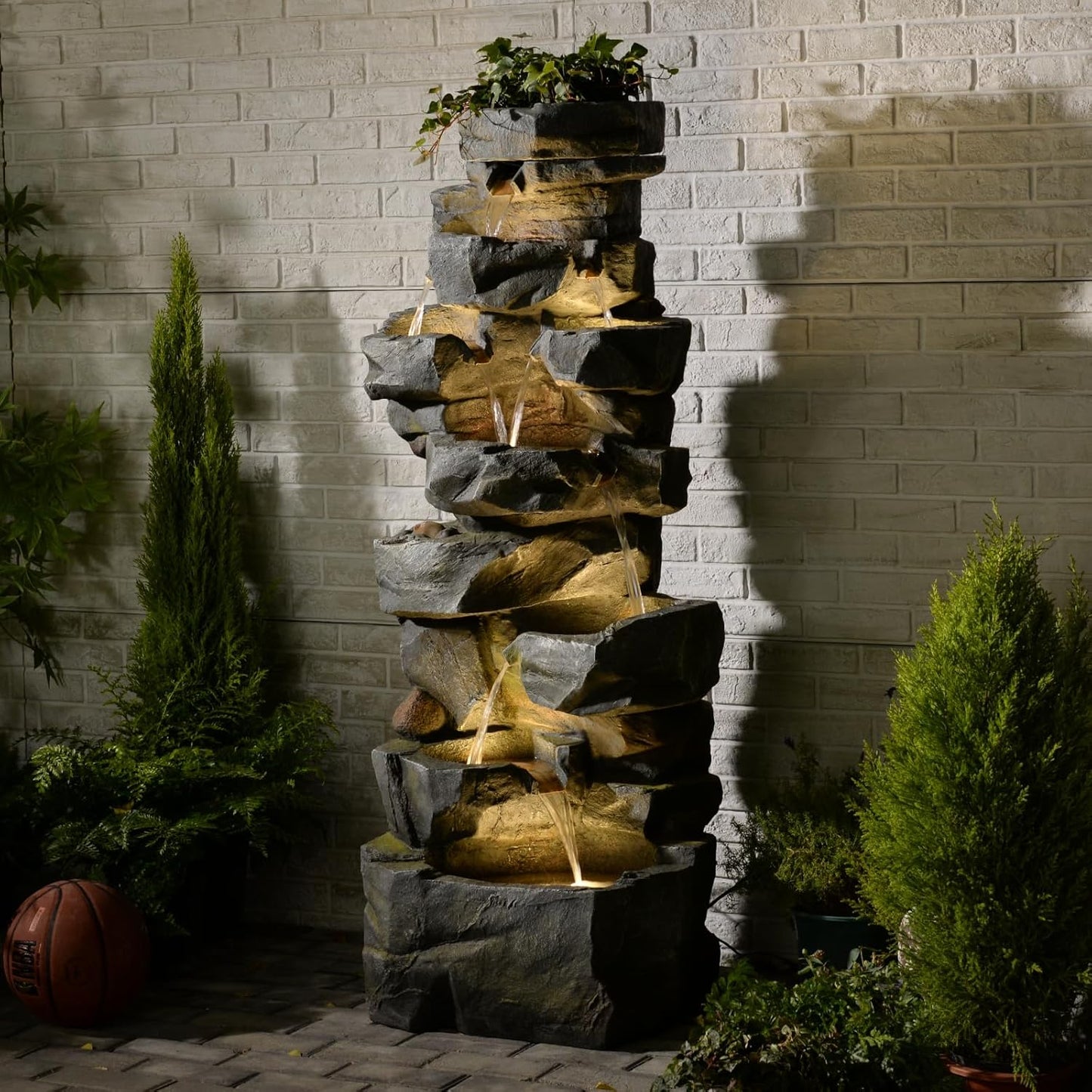 58Inch Outdoor Garden Water Fountain 6 Tiers Large Cascading Rock Natural Waterfall Outdoor Fountain with LED Lights for Patio Porch Backyard Home Art Decor