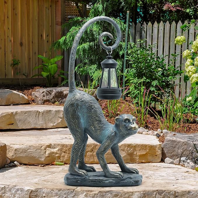 Resin Monkey Statue with Solar Light - Whimsical Garden Decor, Good Luck Gifts for Women,Outdoor Statues Yard Decor for Patio,Porch,Home - Unique Housewarming Gifts