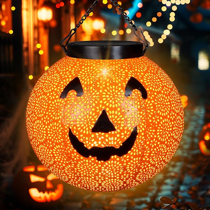 Halloween Solar Hanging Lights Outdoor - Solar Metal Halloween Lantern Decor, Solar Powered Led Waterproof Decorative Round Hanging Light for Garden, Yard, Patio, Pathway, Porch