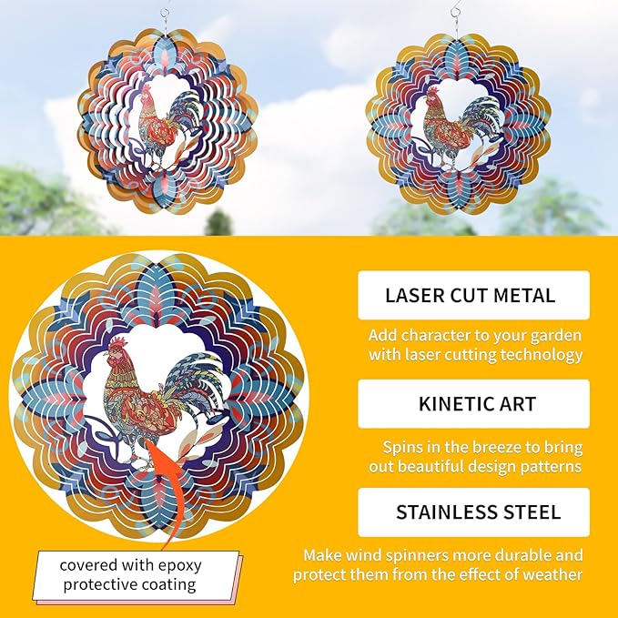 Outdoor Chicken Decoration Wind Spinner Sculpture Art,Metal Clearance Ornament, Chicekn Themed Gifts for Women Rooster Lover,Yard Garden Toy,Hanging Windsock