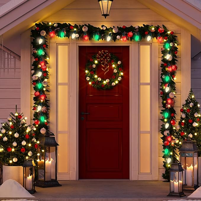 C7 Christmas String Lights, 25Ft Outdoor Decorations With 27 LED Red White and Green Shatterproof Bulbs, Hanging Patio Lights for Tree Backyard Holiday Party Decor