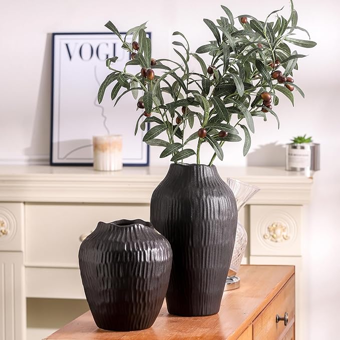 Elegant Black Ceramic Vase - Modern Minimalist Home Decor Vase, Centerpiece for Living Room, Dining Table, Office - 11.6 Inches Tall, Handcrafted Pottery for Farmhouse, Boho, Contemporary Style