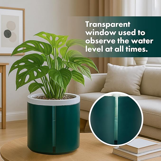 D'vine Dev 6 Inch Design Self Watering Planter for Indoor Plants, White Terracotta Pot with Teal Cylinder Glass Cup, Set of 2, 37-Y-B-5