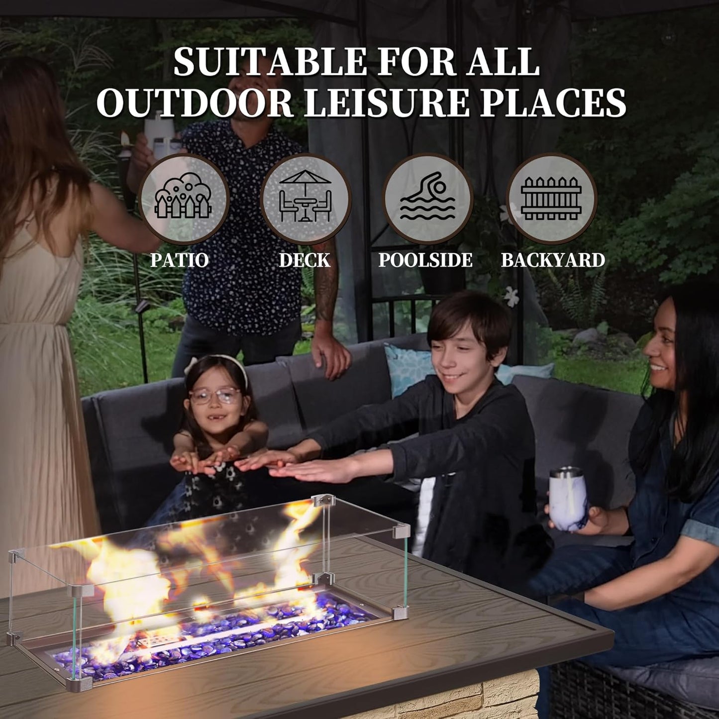 43¡± Propane Fire Pit Table Outdoor Rectangular Stone Firepit Table 50,000 Btu Propane Fire Tables for Outside Patio with Glass Wind Guard, Lid, Fire Glass Beads,Buff Rock Look