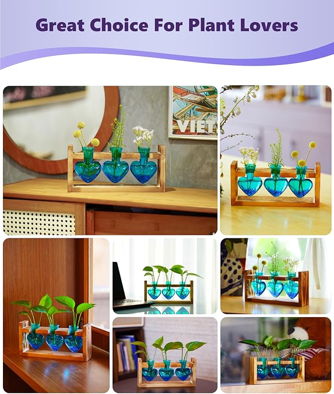 Nacome Plant Terrarium for Office Decor: Wooden Stand Tabletop Planter 3 Bulb Glass Vase Heart Shaped for Hydroponics Indoor Home - Birthday Gifts for Women Mom Grandma