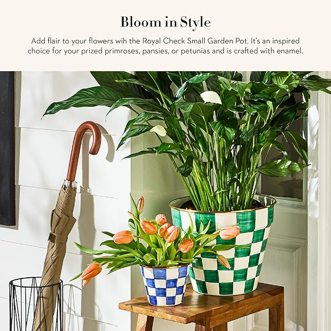 MACKENZIE-CHILDS Enamel Garden Pot, Decorative Pot for Plants, Outdoor Flowerpot Decor, Small, Blue-and-White Royal Check