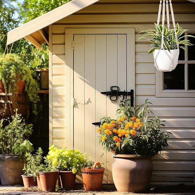 Macrame Plant Hanger Indoor Set of 4 with 8 Hooks, Indoor Outdoor Hanging Planter for Plants Holder with Decorative Wood Beads & No Tassels, Boho Home Decor, 35 Inch Ivory (Pots Not Included)