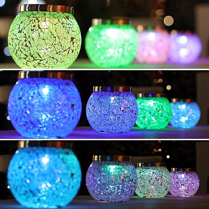 Cooo Heavy Solar Mosaic Crackle Glass Light with Dual Solar Panels, Color-Changing RGB Light, Exclusive Dazzling Glass, Waterproof Outdoor Tabletop Garden Light Landscape Path Light 2 Pack