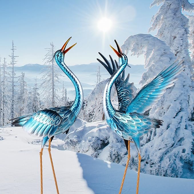 chisheen Crane Garden Statues Outdoor Metal Heron Yard Art Crane for Garden Sculptures Patio Lawn Ornaments,Set of 2