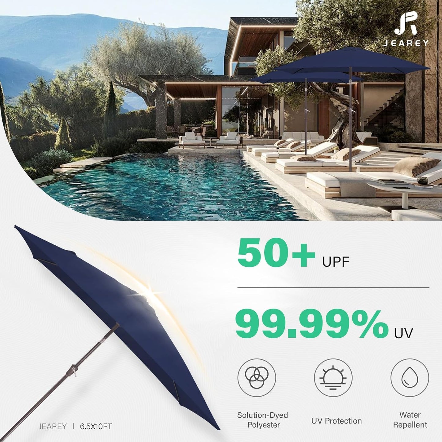 JEAREY 6.5x10 ft Rectangular Patio Umbrellas Outdoor Market Umbrella with Push Button Tilt and Crank, Rectangle Table Umbrellas 6 Sturdy Ribs UV Protection for Pool Garden Backyard Deck, Dark Navy