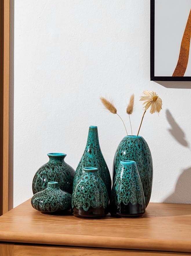 Ceramic Bud Vase Set, Fambe Blue Glazed Finish, Decorative Flower Vases (Blue-Set of 6)