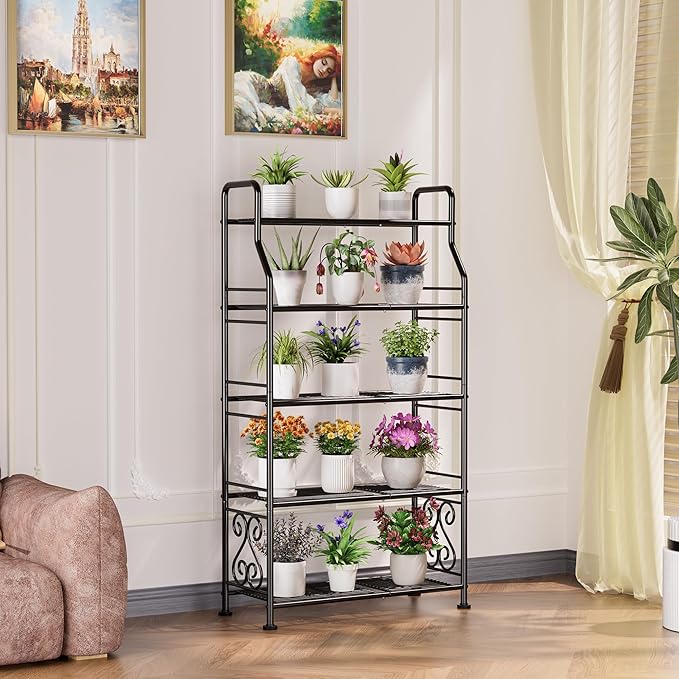 GIOTORENT Plant Stand Outdoor Indoor 5 Tier Metal Waterproof - 53.2" Plant Shelf for Patio, Balcony, Living Room, Large Capacity Tiered Plant Rack, Black