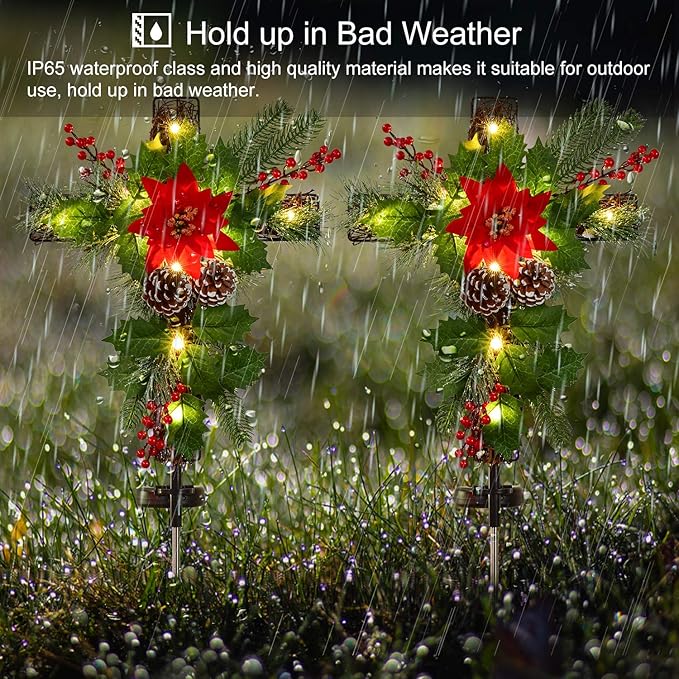 2 Pack Outdoor Solar Lights Christmas Decorations, Cross Stake Lights with Faux Poinsettia Pine Cones Red Berries and Foliage for Garden Patio Grave