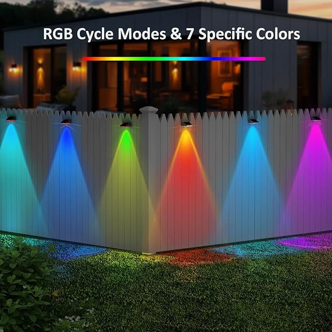 12PK Solar Fence Lights Outdoor - 3000/4000/6000K&RGB 6 Color, Dusk to Dawn Fence Lights Solar Powered, IP65 Waterproof Solar Light Outdoor for Backyard/Railing/Step/Patio/Wall