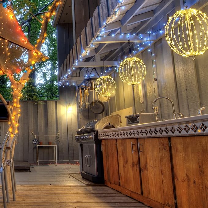 Christmas Ball Sphere, 10IN 48LED Hanging Tree and Pathway Light With Hook and Stake, Foldable Metal Frame for Outdoor Garden, UL Listed, White Frame, Warm White