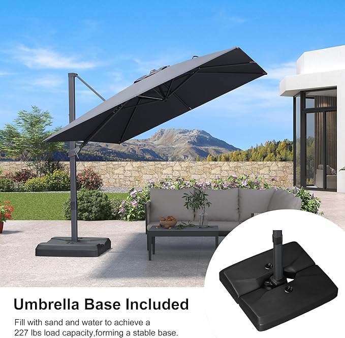 PURPLE LEAF 9' × 9' Patio Cantilever Umbrella with Base Outdoor Square Adjustable Offset Umbrellas with 360-degree Rotation and 8 Heavy Duty Metal Ribs for Garden Deck Pool Grey