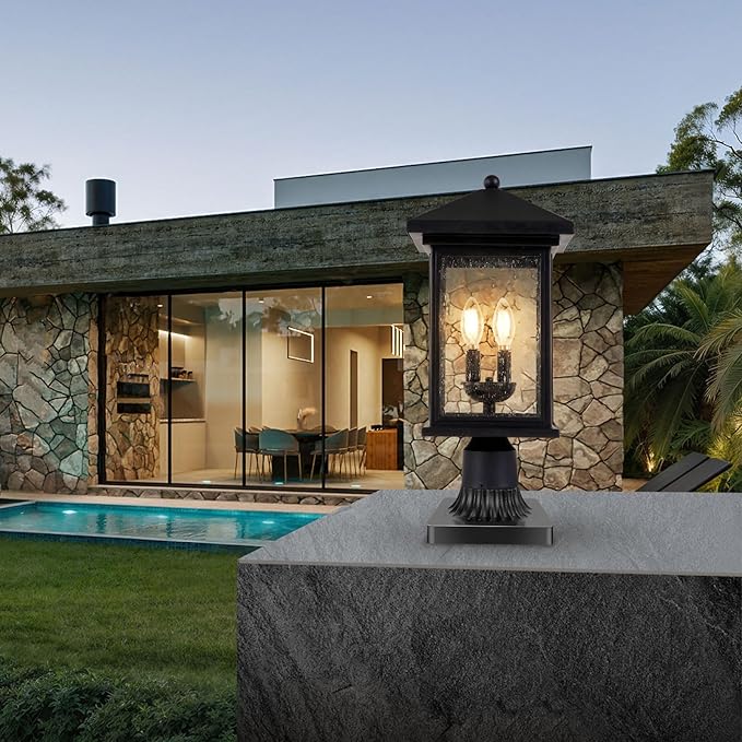 Outdoor Post Light, Waterproof Pole Lantern Lighting Fixture with Tempered Clear Seeded Glass, Matte Black Finish for Outdoors (Large Post Light)