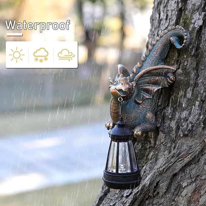 Dragon Solar Garden Statue - Gothic Outdoor Wall Hanging Decor with Solar Light, Fantasy Dragon Figurine for Patio, Yard, or Tree - Unique Whimsical Gift for Adults, Men & Women