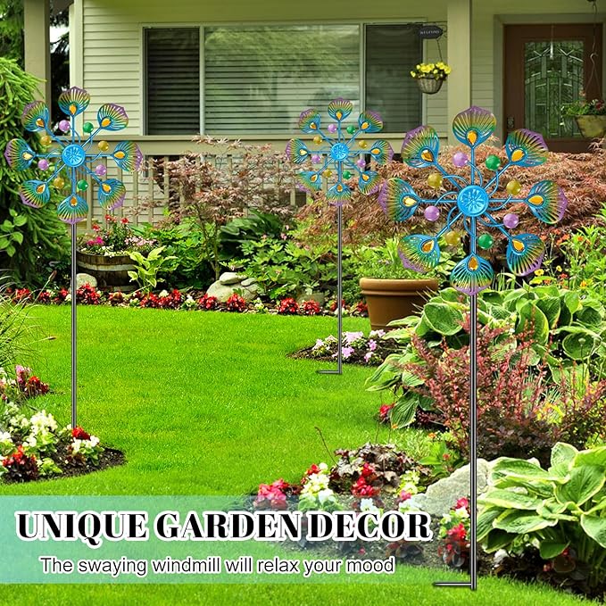 Peacock Wind Spinner Outdoor, Standing Wind Sculpture Yard Art Decorations, Metal Windmill for Patio Lawn & Garden Decor (2pcs-Blue Green)
