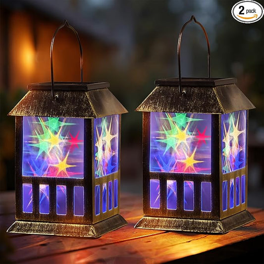 Solar Lanterns Outdoor Waterproof, 3D Star Lantern Light with Flashing Mode, Solar & USB C Charging, Metal Hanging Lantern for Wall Landscape Yard Patio Garden Driveway, RGB Light 2 Pack