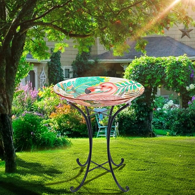 VCUTEKA 18" Outdoor Glass Birdbath with Sturdy Metal Stand for Lawn, Yard, or Garden Decor Bird Lovers Gift, Flamingo Bird Bath Detachable, 22" Height