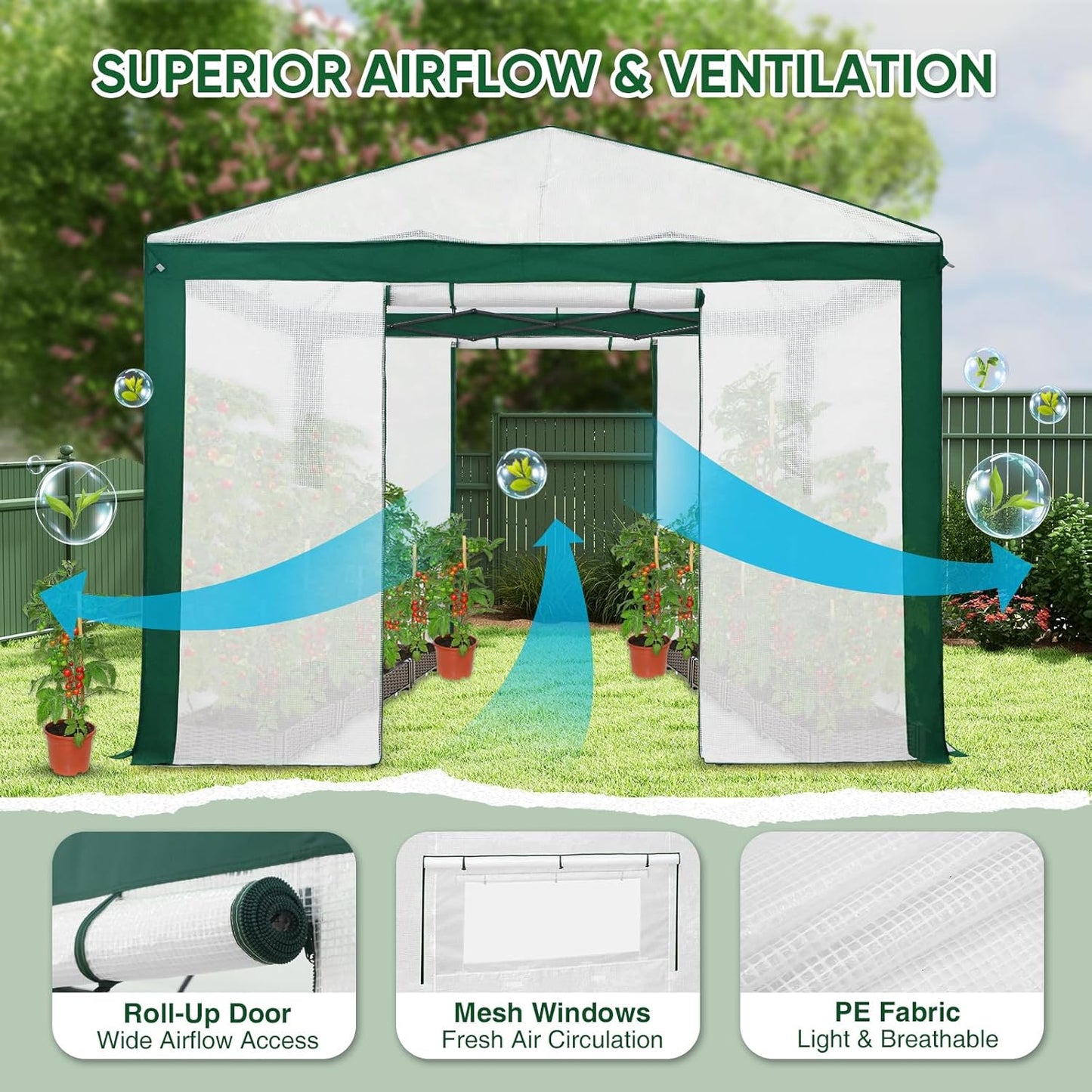 EAGLE PEAK 10x10 Portable Walk in Greenhouse with Polyester Reinforced Corners, Instant Pop up Indoor Outdoor Gardening Green House, Roll Up Zipper Entry Doors and Mesh Windows, Green/White