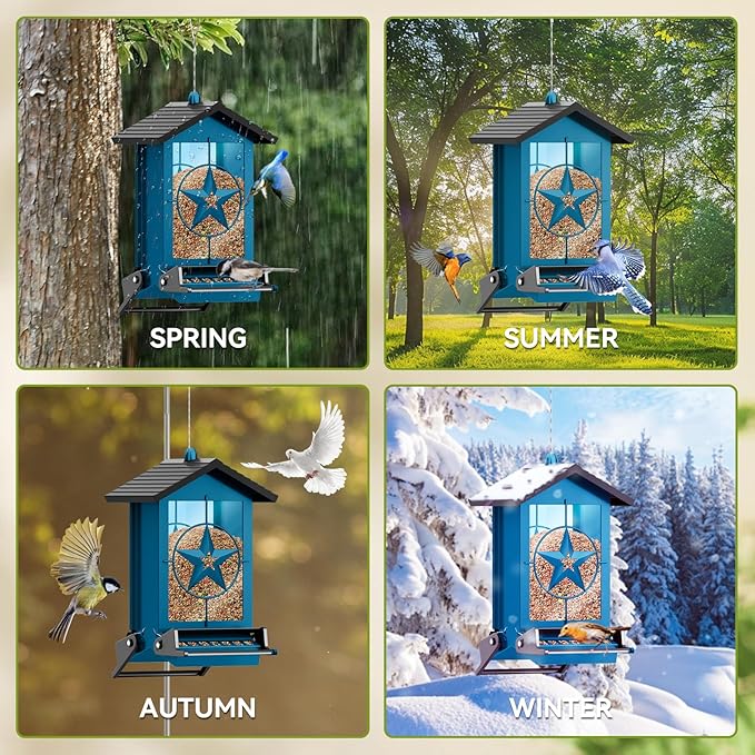 Squirrel Proof Bird Feeder for Outdoors Hanging, Metal Wild Bird Seed Feeder with Bilateral Weight-Activated Perches, 5LB Large Capacity Wild Bird Feeders for Outside Finch, Cardinal, Blue Jay