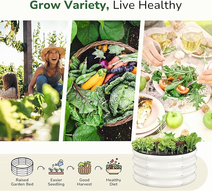 GreatBuddy 2x2x1 ft Round Galvanized Raised Garden Bed, Easy-Assembly Raised Bed with Anti-Cut Gloves & Tools, Rust-Proof Garden Bed for Outdoor, Vegetables, Herbs, Small Trees, White