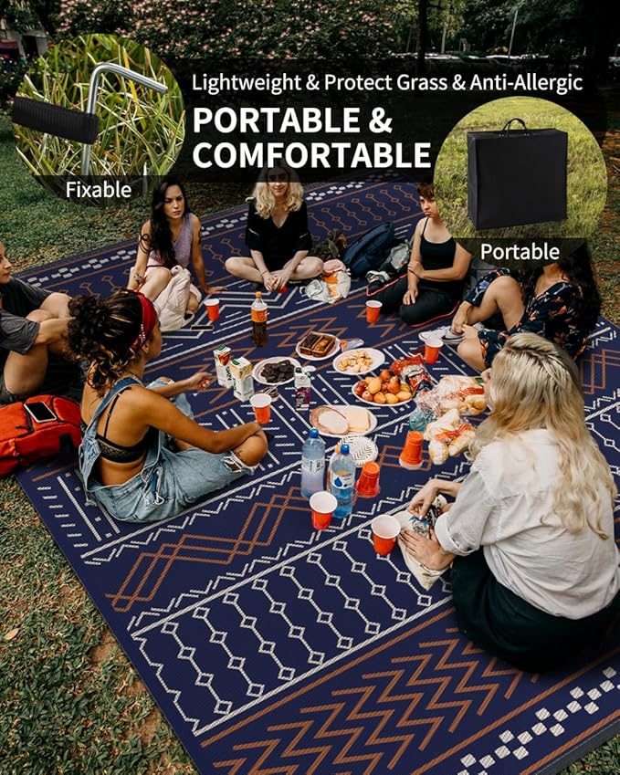 Outdoor Rug Carpet Waterproof 8x10 ft Patio Rug Mat Indoor Outdoor Area Rug for RV Camping Picnic Reversible Lightweight Plastic Straw Outside Rug for Patio Decor Decoration Boho Rug Navy Red