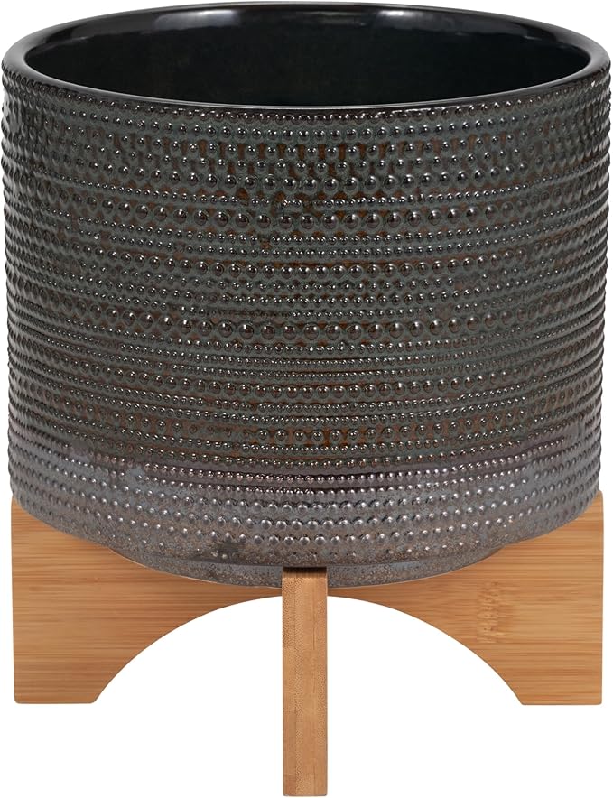 Sagebook Home 8" Ceramic Planter on Bamboo Wood Stand - Green Plant Stand with Contemporary Dotted Design - Indoor or Outdoor Plants and Succulents