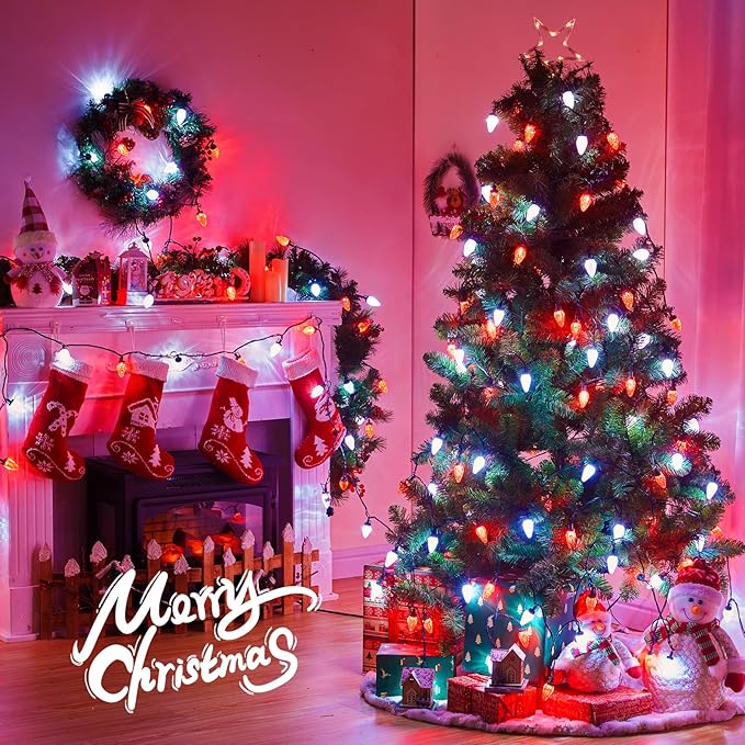 Brightown C9 LED Christmas String Lights, 66ft 100 LED Waterproof Strawberry String Lights, Plug-in Extendable Green Wire Lights String for Outdoor Outside Patio Party Decoration, Red and White