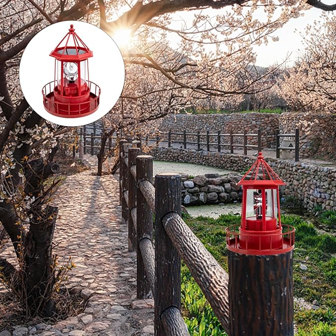 Operitacx Solar Powered Rotating Lighthouse Lamp - Waterproof Solar Lighthouse Outdoor Garden Decor, Led Yard Light for Patio, Lawn, and Pathway (Red)