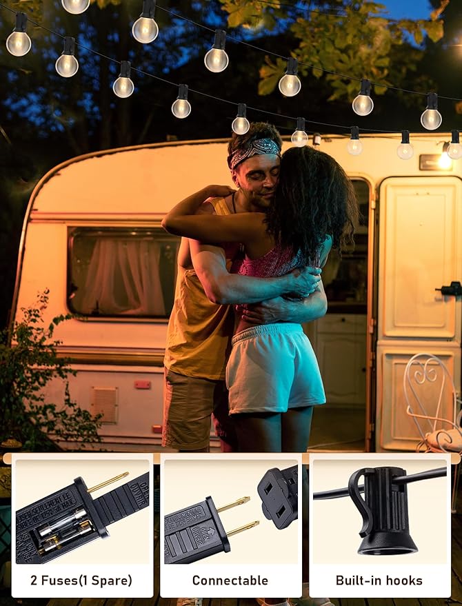 50FT String Lights, G40 Outdoor String Lights Edison Light Bulbs Clear Globe Lights for Backyard Patio Lights Indoor/Outdoor Commercial Decoration -5 Watt/120 Voltage/E12 Base -Black Wire