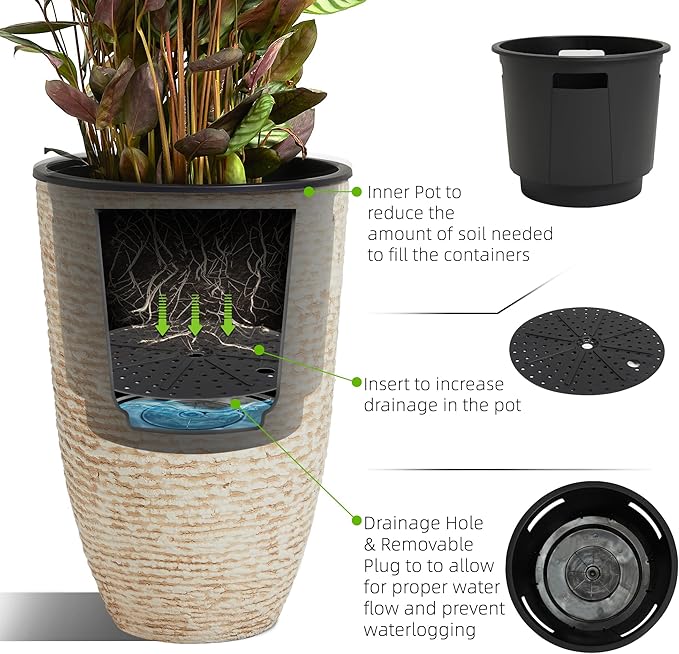 WORTH Garden 2-Pack 21" H. Beige Tall Planters with Inside Pots - 14'' Dia Plastic Large Round Plant Tree Pots - Decorative Imitation Stone Finish for Indoor Outdoor Front Porch Container Patio