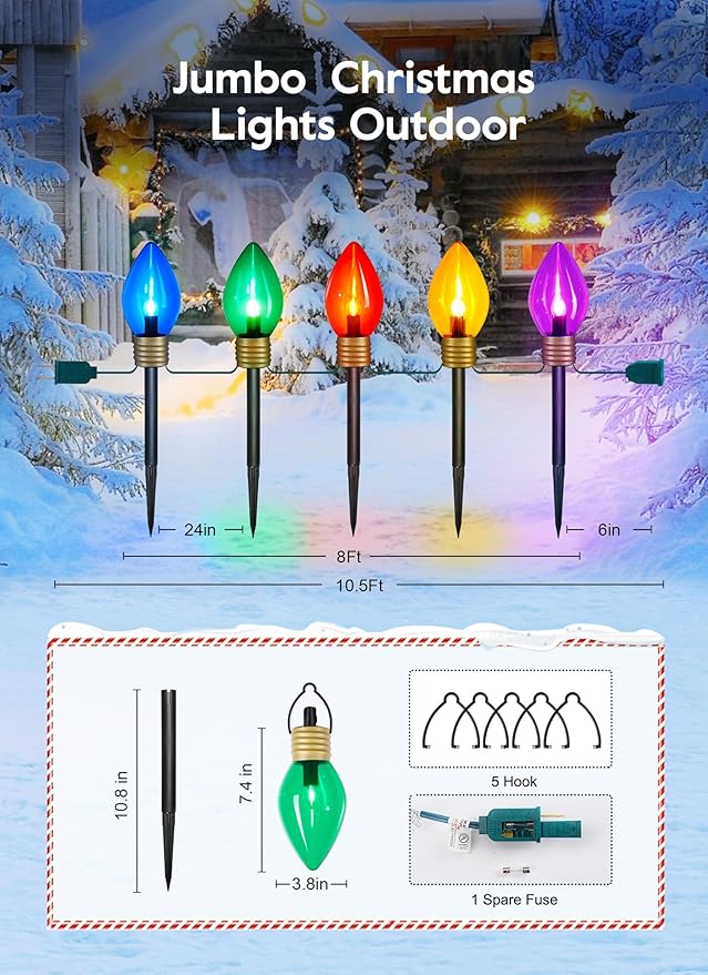 Moonflor 4 Pack Jumbo C9 Christmas Pathway Lights Outdoor - Total 34FT 20 LED C9 Christmas Walkway Lights, Multicolor Christmas Decoration Outside, Giant Christmas Lights Outdoor for Lawn Holiday Yard