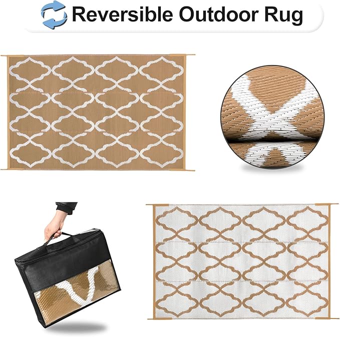 OutdoorLines Outdoor Plastic Area Rugs for Patio 5x8 ft - Reversible Outside Carpet, Stain & UV Resistant RV Mats, Straw Rug for Camping, Deck Garden, Porch and Balcony, Moroccan/Brown & Light Grey