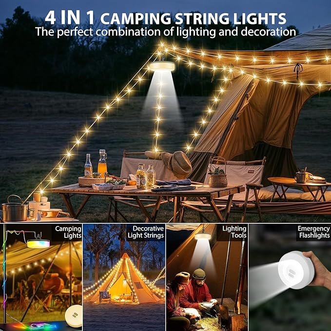 Camping String Lights, 4 in 1 Quick Storage 32.8FT Rechargeable Tent Lights with 6 Modes Hanging Waterproof Camp Lamp Camping Essentials for AwnTent Hiking Yard Garden Bedroom Festival -Multicolor