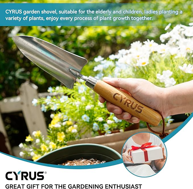 CYRUS 12.4”Garden Shovel,Heavy Duty Small Stainless Steel Garden Trowel with Ash Wood Handle,Suitable for Planting,Measuring,Weeding Multi-Purpose Garden Spade