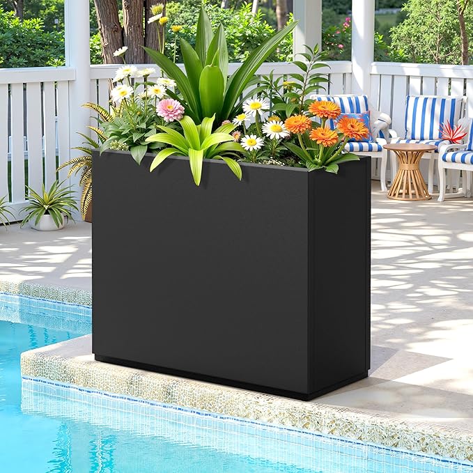 FENCY Metal Planter Box, Large Rectangular Planters for Outdoor Plants, Outdoor Tall Planters with Drainage Holes, Black Metal Planters (30" L x 12" W x 24" H)