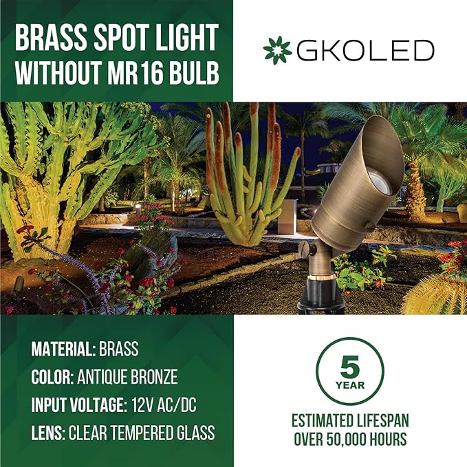 GKOLED 12V Brass Landscape Spotlight, LED Low Voltage Landscape Lighting, Outdoor Adjustable Lights for Yard Wall Lawn Tree Patio Garden, Waterproof Directional Up Light, No MR16 Bulb