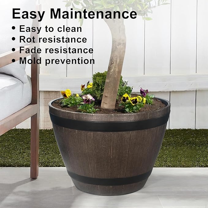 Large Whiskey Barrel Planter for Outdoor Plants - Flower Pots Garden Wine Barrel Planter Outdoor - 21" D x 15" H