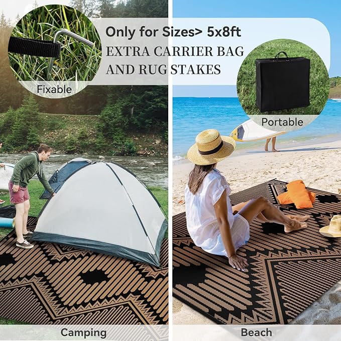 MontVoo Outdoor Rug 8x10 Waterproof Patio Rug-Outdoor Carpet Mat Reversible Plastic Straw Outside Outdoor Rug for RV Camping Picnic Balcony Backyard Pool Deck Porch Modern Boho Black Brown
