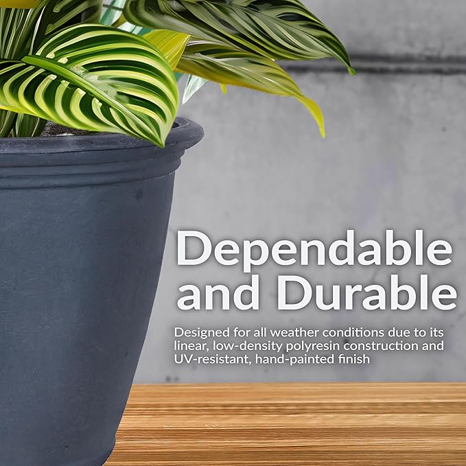 Sunnydaze 24-Inch Anjelica Large Plastic Pot for Plants - Outdoor Polyresin Round Planter with Drillable Drainage Holes - Slate